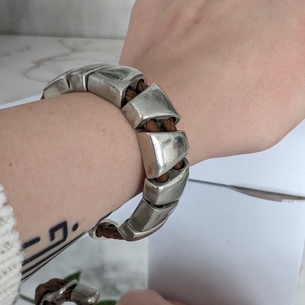 Double Strand Braided Leather Bracelet with Geometric Metal Slides, Made in USA.